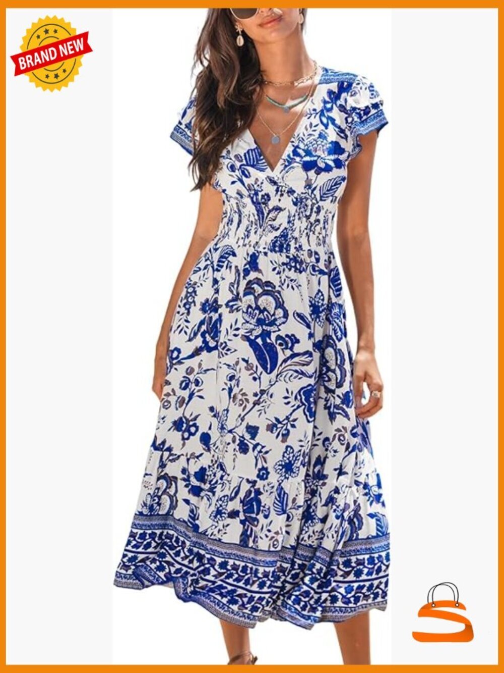 Women's Casual V Neck Floral Smocked Cap Sleeve Ruffled Midi Dress